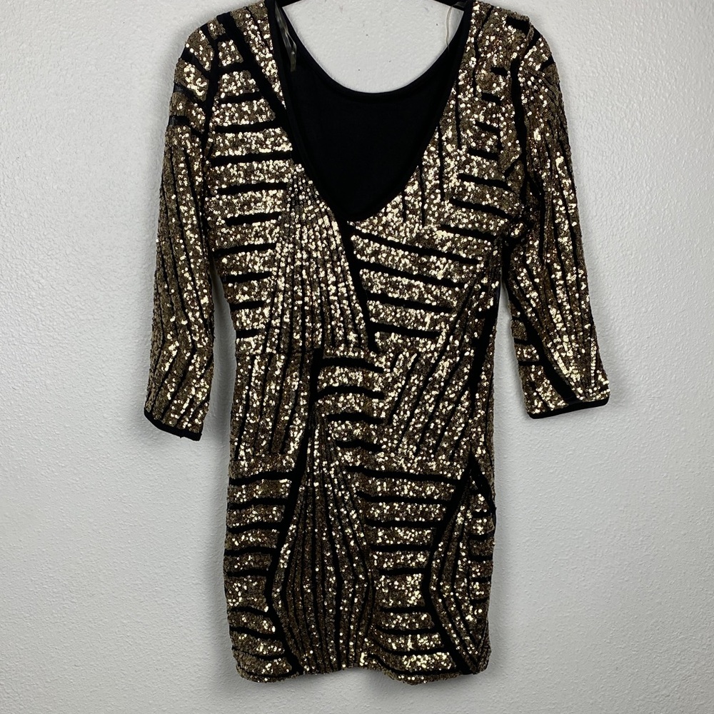 Gold Sequin Bodycon Dress with Black Accents - Picture 7 of 16